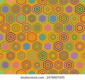 Seamless hexagon background. Geometric elements of varied style and color. Hexagonal cells. Tileable pattern. Seamless background. Lively vector illustration.