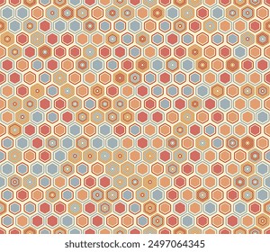 Seamless hexagon background. Geometric elements of varied style and color. Honeycomb geometric shapes. Tileable pattern. Seamless background. Lively vector illustration.