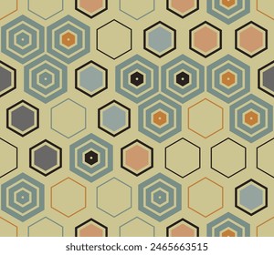 Seamless hexagon background. Geometric shapes of varied style and color. Large honeycomb cells. Tileable pattern. Seamless background. Lively vector illustration.