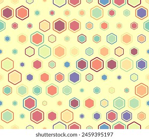 Seamless hexagon background. Multicolored geometric elements of varied size. Bold rounded hexagons mosaic pattern with inner solid cells. Hexagonal shapes. Tileable pattern.