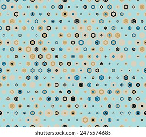 Seamless hexagon background. Multicolored geometric elements of varied size. Plain hexagon frames. Honeycomb geometric shapes. Tileable pattern. Seamless vector illustration.