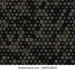 Seamless hexagon background. Multicolored geometric elements of varied size. Hexagon stacked mosaic cells. Honeycomb geometric shapes. Tileable pattern. Seamless vector illustration.