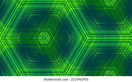 Seamless Hexagon Concentric Textured Pattern In Chartreuse, Emerald, Jade, Lime Green Colors. Symmetric Abstract Geometric Ornament For Wallpaper Background Design, Textile Printing, Wrapping.