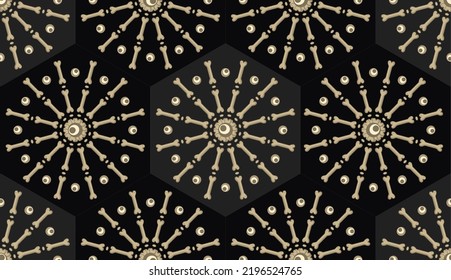 Seamless hexagon geometric pattern with eyes, round shapes of bones like fireworks stars. Creepy, freaky background for Halloween, Dia de Muertos decoration.