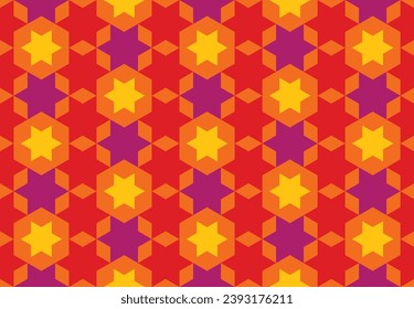Seamless hexagon geometric pattern. Six-pointed star abstract background, colorful tones. Texture design for tile, cover, poster, flyer, banner, wall, backdrop, textile. Vector illustration.