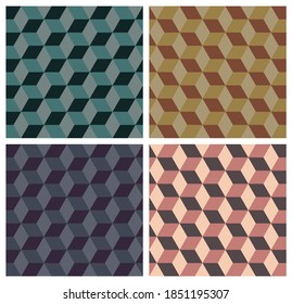 Seamless hexagon geometric shapes set, 3D cube abstract background. Blue, orange, purple, pink color. Vector illustration.
