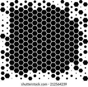 Seamless hexagon pattern with black geometric shapes arranged in a staggered layout on a white background, creating a modern abstract decorative design.