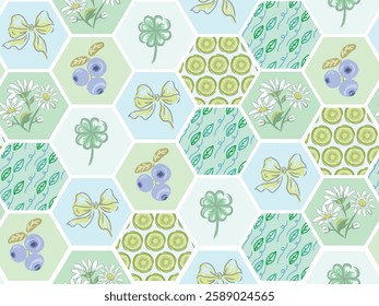 Seamless hexagon pattern of fruit and leaf. You can change color from the EPS file.