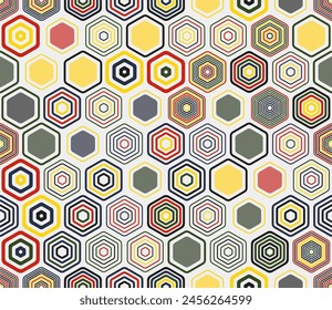 Seamless hexagon pattern. Geometric elements of varied style and color. Hexagonal cells. Tileable pattern. Seamless background. Artistic vector illustration.