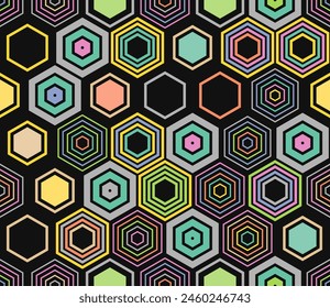 Seamless hexagon pattern. Geometric elements of varied style and color. Large honeycomb cells. Tileable pattern. Seamless background. Artistic vector illustration.