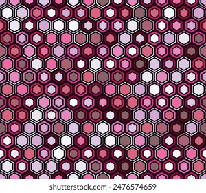 Seamless hexagon pattern. Geometric elements of varied style and color. Hexagon cells. Tileable pattern. Seamless background. Artistic vector illustration.