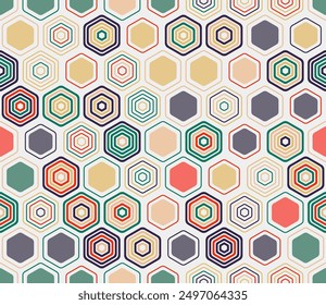 Seamless Hexagon Pattern. Geometric elements of varied style and color. Hexagonal cells. Tileable pattern. Seamless background. Cool vector illustration.