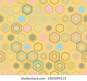 Seamless hexagon pattern. Geometric elements of varied style and color. Hexagonal cells. Tileable pattern. Seamless background. Authentic vector illustration.