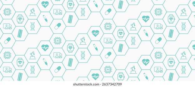 Seamless hexagon pattern with medical and AI technology icons. Modern healthcare, digital medicine, and science concept. Ideal background for web, banners, and presentations.
