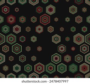 Seamless Hexagon Pattern. Multicolored geometric elements of varied size. Hexagon stacked mosaic cells. Honeycomb cells. Tileable pattern. Seamless vector illustration.