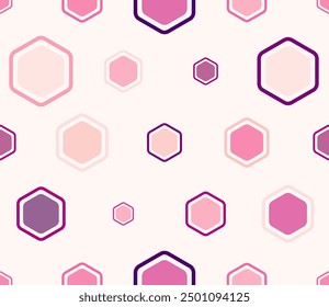 Seamless hexagon pattern. Multicolored geometric elements of varied size. Bold rounded hexagons mosaic cells with padding and inner solid cells. Large hexagons. Tileable pattern.