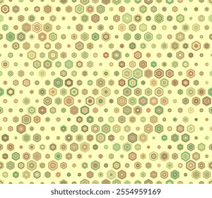 Seamless Hexagon Pattern. Multicolored geometric elements of varied size. Rounded stacked hexagons mosaic pattern. Hexagon geometric shapes. Tileable design. Seamless vector illustration.