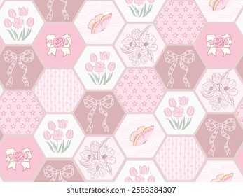 Seamless hexagon pattern of pink flower. You can change color from the EPS file.