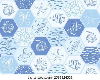 Seamless hexagon pattern of sea life. You can change color from the EPS file.