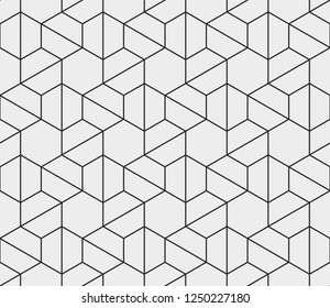 Seamless hexagon pattern with thin straight lines and polygons. Abstract geometric texture. Stylish monochrome background. Vector rapport for swatches.