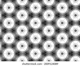 Seamless hexagon textured pattern with kaleidoscope effect. Symmetric abstract geometric ornament in black and white for digital paper, textile printing, wallpaper background design. 