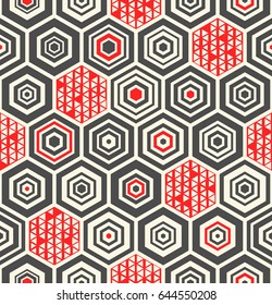 Seamless Hexagon Wallpaper. Minimal Red and Black Graphic Design. Stylish Fashion Pattern