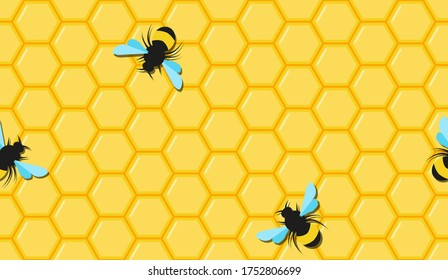 Seamless hexagonal beehive with bees pattern, vector