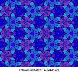 Seamless hexagonal bright pattern from abstract geometric ornaments multi colored in blue, lilac and violet shades. kaleidoscopic vector illustration. Suitable for fabric, wallpaper and wrapping paper