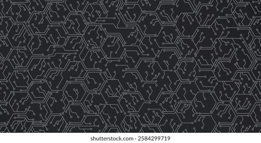 Seamless hexagonal electronic circuit on black background.