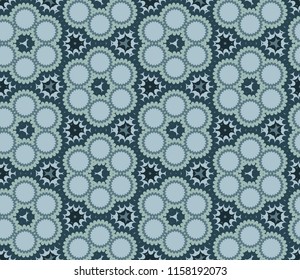 Seamless hexagonal floral pattern from turquoise geometrical abstract ornaments on a dark background. Vector illustration can be used for textiles, wallpaper and wrapping paper