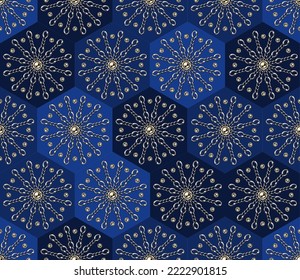 Seamless hexagonal geometric pattern with stars like snowflakes made of gold chains and beads, buttons. Blue background. Vector Illustration.