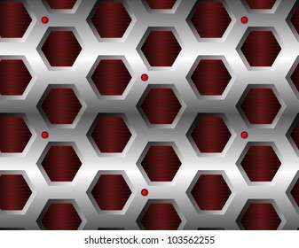 Seamless hexagonal metal pattern with red lamps