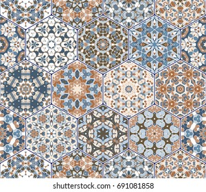 Seamless hexagonal mosaic tiles in vector set. Oriental and ethnic motifs in design patterns.