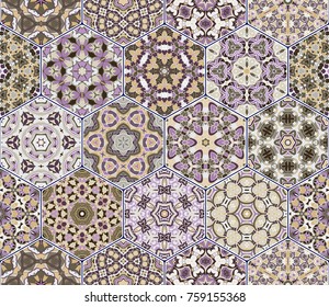 Seamless hexagonal mosaic tiles in vector set. Oriental and ethnic motifs in design patterns.