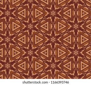 Seamless hexagonal pattern from beige and brown geometrical abstract ornaments on a dark background. Vector illustration. Suitable for fabric, wallpaper and wrapping paper