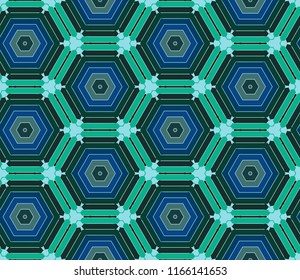 Seamless hexagonal pattern from blue and green geometrical abstract ornaments on a dark background. Vector illustration. Suitable for fabric, wallpaper and wrapping paper