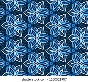 Seamless hexagonal pattern from blue and white geometrical abstract ornaments on a dark background. Vector illustration. Suitable for fabric, wallpaper and wrapping paper