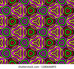Seamless hexagonal pattern from bright multicolored geometrical abstract ornaments on a black background. Vector illustration. Suitable for fabric, wallpaper and wrapping paper