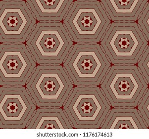 Seamless hexagonal pattern from brown and beige geometrical abstract ornaments on a dark red background. Vector illustration. Suitable for fabric, wallpaper and wrapping paper