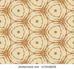 Seamless hexagonal pattern from brown geometrical abstract ornaments on a beige background. Vector illustration. Suitable for fabric, wallpaper and wrapping paper