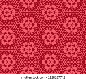 Seamless hexagonal pattern from circular abstract floral ornaments in in crimson color on red background. Vector illustration. Suitable for fabric, wallpaper and wrapping paper