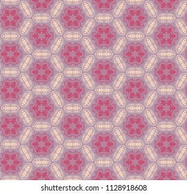 Seamless hexagonal pattern from circular abstract floral ornaments in beige and pink colors on a gentle lilac background. Vector illustration. Suitable for fabric, wallpaper and wrapping paper