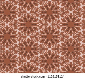 Seamless hexagonal pattern from geometric abstract floral ornaments in tan and brown color on sepia background. Vector illustration. Suitable for fabric, wallpaper and wrapping paper