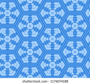 Seamless hexagonal pattern from geometrical abstract ornaments on a blue background. Vector illustration. Suitable for fabric, wallpaper and wrapping paper