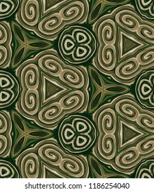 Seamless hexagonal pattern from geometrical abstract ornaments multicolored in green and olive shades on a dark background. Vector illustration. Suitable for fabric, wallpaper and wrapping paper