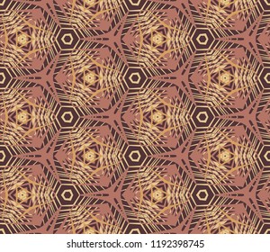 Seamless hexagonal pattern from geometrical abstract ornaments multicolored in yellow and brown shades on a dark background. Vector illustration. Suitable for fabric, wallpaper, wrapping paper