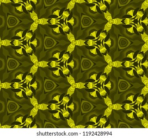 Seamless hexagonal pattern from geometrical abstract floral ornaments multicolored in green and yellow shades on a dark background. Vector illustration. Suitable for fabric, wallpaper, wrapping paper