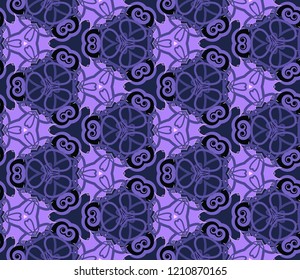 Seamless hexagonal pattern from geometrical abstract ornaments multicolored in blue and lilac shades on a dark background. Vector illustration. Suitable for fabric, wallpaper, wrapping paper