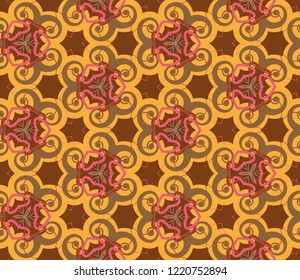 Seamless hexagonal pattern from geometrical abstract ornaments multicolored in red, pink and orange shades on a brown background. Vector illustration. Suitable for fabric, wallpaper and wrapping paper