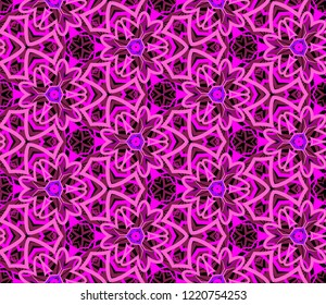 Seamless hexagonal pattern from geometrical abstract ornaments multicolored in pink and purple shades on a dark background. Vector illustration. Suitable for fabric, wallpaper, wrapping paper